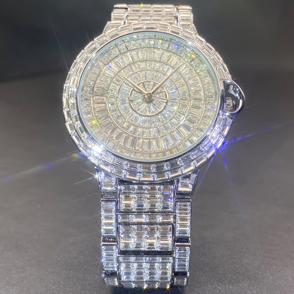 1pc PLADEN Luxury Men'S Square Ice Watch with Rhinestones, Fashion Hip-Hop Faux Faux Faux Gemstone, Round Dial, Alloy Band, Quartz Movement, Battery Operated, Water Resistant, for Party, New Year, Independence Day, Ramadan