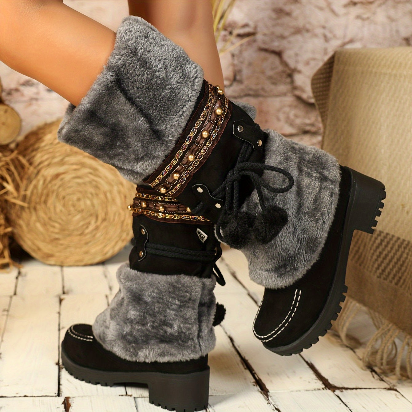 Ethnic Cowboy Boots for Men - Women's Mid-Calf Boots - High Heel Ankle Boots with Faux Fur Lining - Autumn and Winter