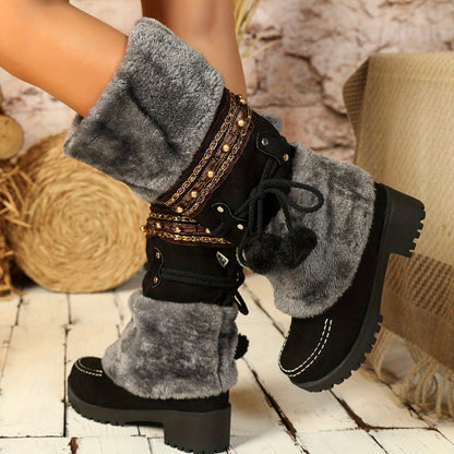 Ethnic Cowboy Boots for Men - Women's Mid-Calf Boots - High Heel Ankle Boots with Faux Fur Lining - Autumn and Winter