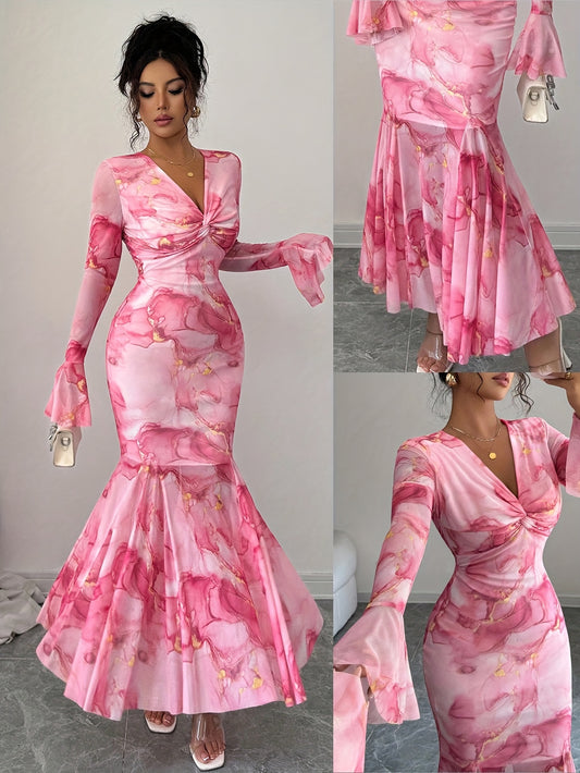 's Pink & Golden Peony Floral Print Mermaid Evening Gown - Bell Sleeve A-Line Wedding Dress with Train, -Length Party Dress for Prom, Galas & Formal Events (Machine Washable)