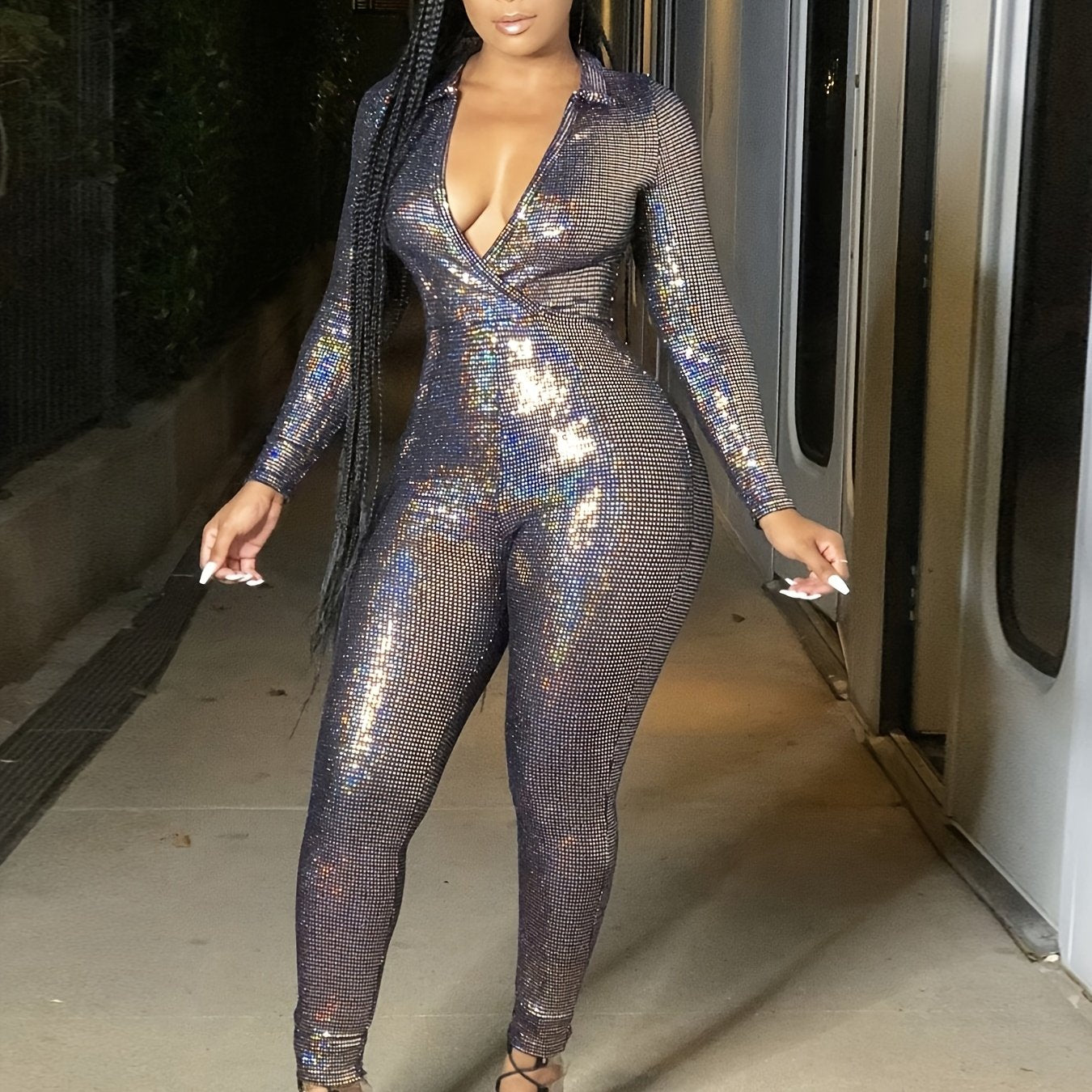 European And American Women'S Metallic Texture Light Mature Deep V-neck Long Sleeved Tight Jumpsuit