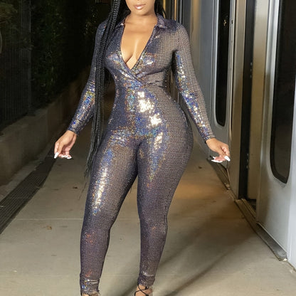 European And American Women'S Metallic Texture Light Mature Deep V-neck Long Sleeved Tight Jumpsuit