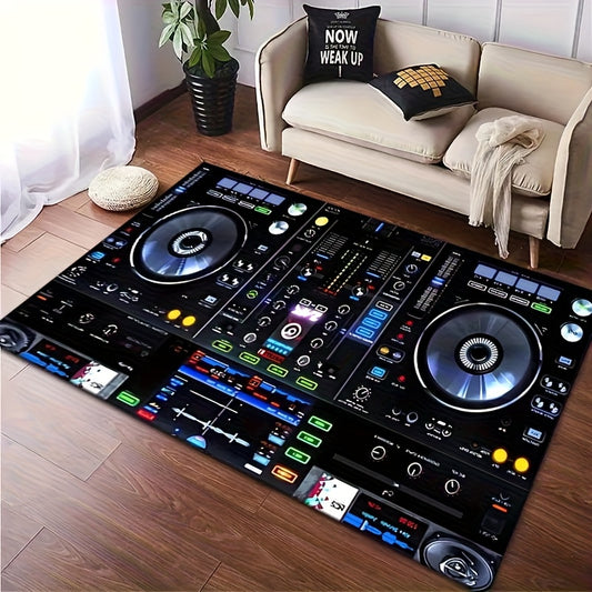 1pc DJ-Themed Crystal Velvet Mat - Soft, Washable, Playable Area Rug with Turntable & Music Player Design for Living Room, Bedroom, Outdoor, Patio, Kitchen - Black with Colorful Music Display, Living Room Decor | Vibrant Floo
