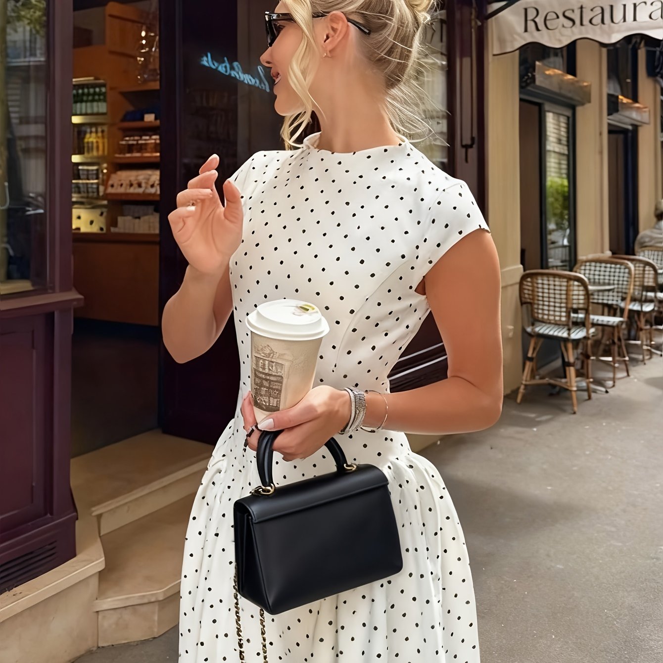 Women's Elegant A-Line Polka Dot Maxi Dress with Waist Cinch - Round Neck Long Dress Suitable for Date Night, Party Outfits, Wedding Guest Dresses, Year-Round Wear, Machine Washable Dress for Special Occasions