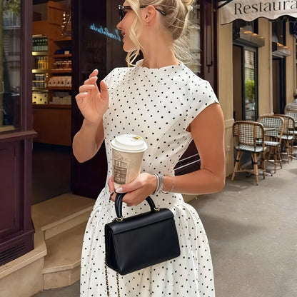 Women's Elegant A-Line Polka Dot Maxi Dress with Waist Cinch - Round Neck Long Dress Suitable for Date Night, Party Outfits, Wedding Guest Dresses, Year-Round Wear, Machine Washable Dress for Special Occasions