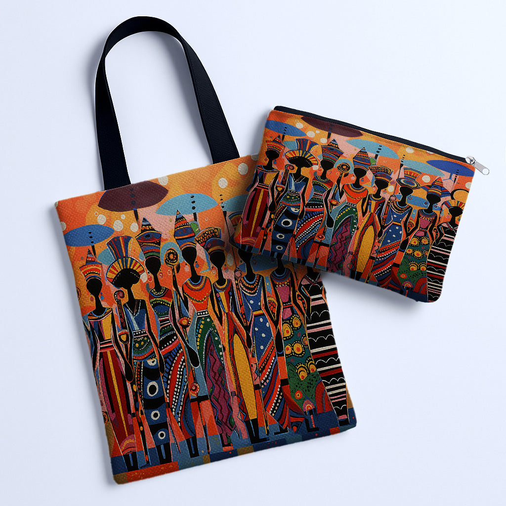 2pcs African Ethnic Pattern Tote Bag Set, Includes Large Capacity Tote Bag and Coin Purse Two-Piece Set. Multifunctional Travel Shopping Shoulder Bag and Makeup Bag (Toiletry Bag), Suitable for Travel, Shopping, Commuting, Pa