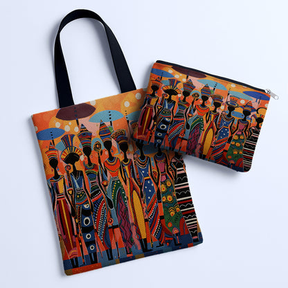 2pcs African Ethnic Pattern Tote Bag Set, Includes Large Capacity Tote Bag and Coin Purse Two-Piece Set. Multifunctional Travel Shopping Shoulder Bag and Makeup Bag (Toiletry Bag), Suitable for Travel, Shopping, Commuting, Pa