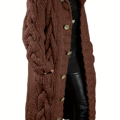 Plus Size - Cardigan for Women in Fall And Winter - Casual Plus Size, Oversized Design with Long Sleeves Featuring a Cable Pattern, Single Row of Buttons, Pockets, And a Long Length. Made from Soft Fabric, It Can Be Hand Wash