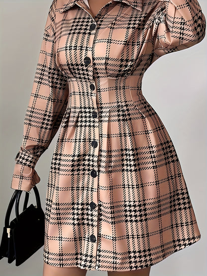 A Shirt Dress with a Houndstooth Pattern, Featuring Detailed Front Buttons And Pleats on The Front Placket.