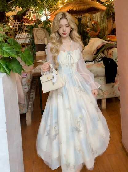 Elegant Julie French New Style Dress | Mint Temperament, Gentle Tulle with Cloud Print, Tie Waist Design, Off the Shoulder, Perfect for Spring/Summer/Fall