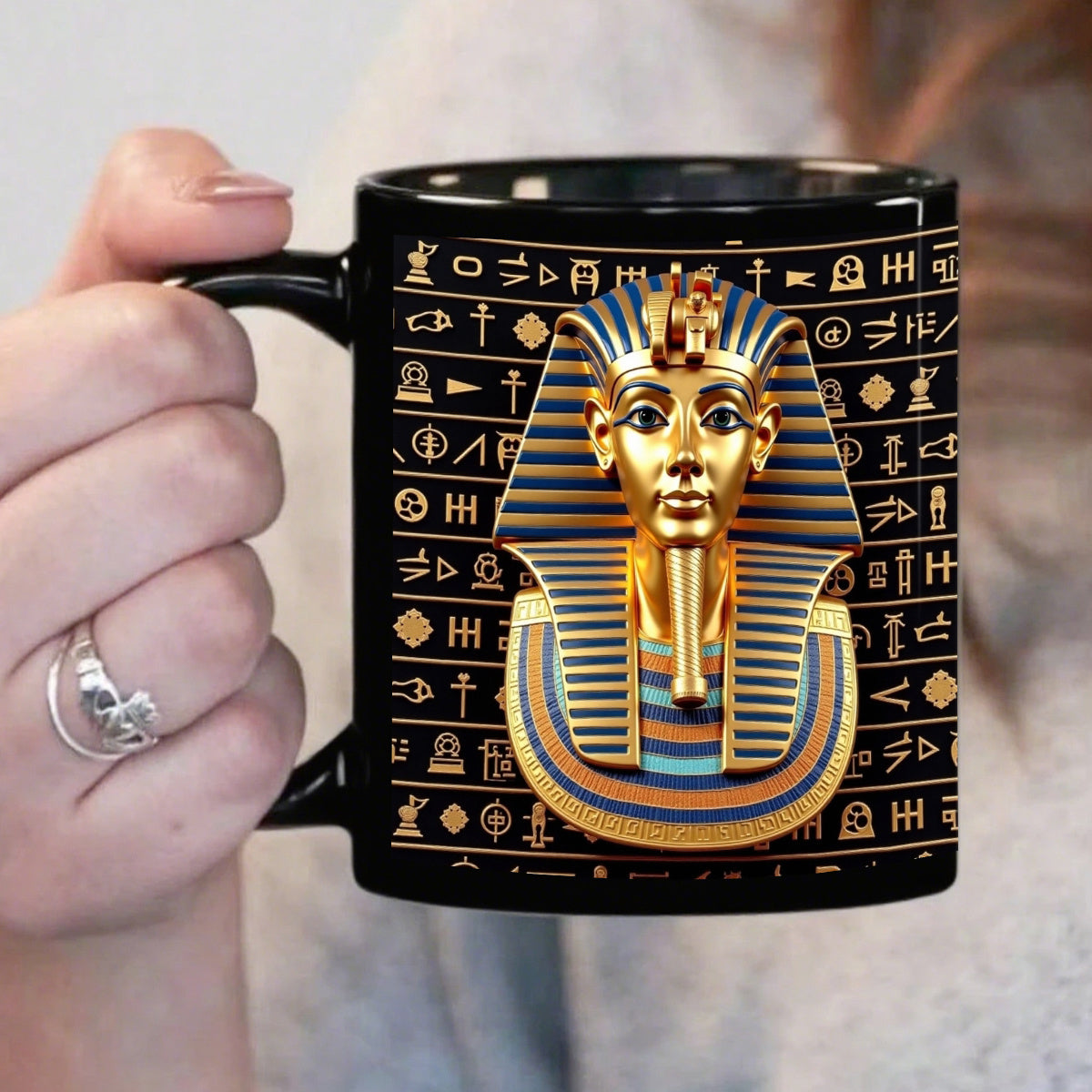 1pc Egyptian Pharaoh Tutankhamun King Tut Golden Mask Design Black Ceramic Mug - 11oz Durable Coffee Cup with Hieroglyphic Print, Ideal Gift for Birthdays, Anniversaries, History Lovers & Egyptian-Themed Home Decor