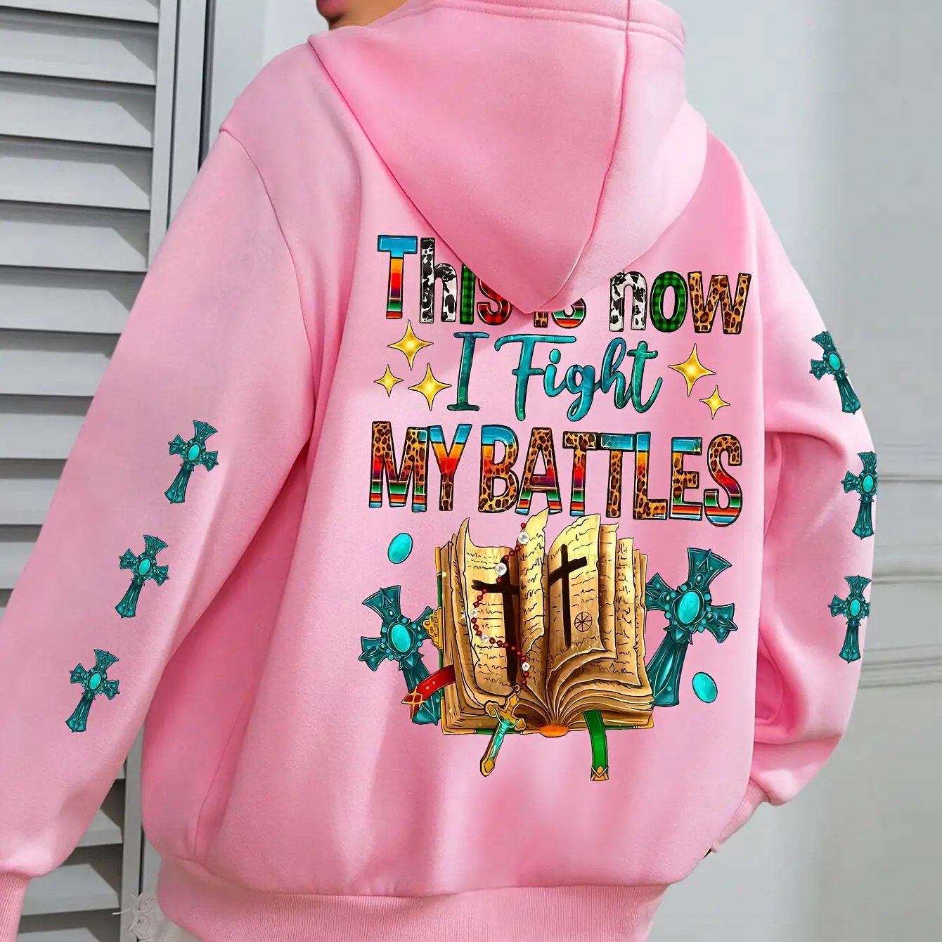Women's Christian Bible Verse Hooded Sweatshirt "This Is How I Fight My Battles" with Cross & Prayer Hands Print - Winter Warm Hoodie, Long Sleeve Religious Apparel for Church, Prayer Meeting & Christmas (Gray) - Casual Faith