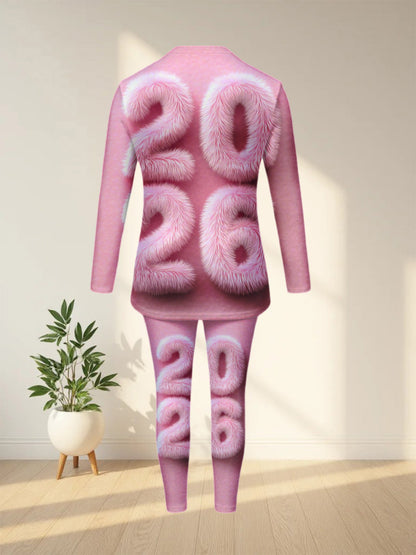 A Stylish Two-Piece Set Featuring a Full Print Fur Design, Consisting of Long-Sleeve Top And Trousers in Pink, Perfect for Travel, Outdoor Gatherings, And Parties. This Complete Outfit Is Ideal for Casual Wear, Gifting, And F