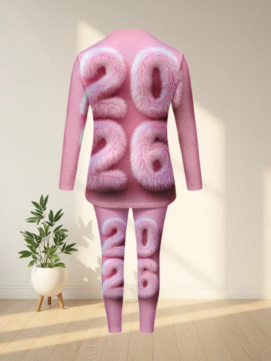 A Stylish Two-Piece Set Featuring a Full Print Fur Design, Consisting of Long-Sleeve Top And Trousers in Pink, Perfect for Travel, Outdoor Gatherings, And Parties. This Complete Outfit Is Ideal for Casual Wear, Gifting, And F
