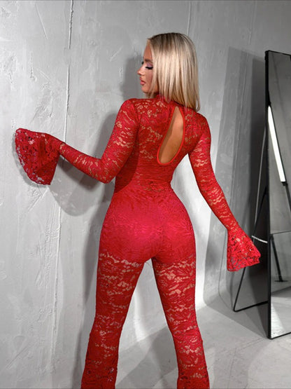 LUCKFOX Sexy Flared Sleeve Lace Jumpsuit Trousers | Fashionable Open Bust Design, Hooded Collar, Perfect for Spring/Summer/Fall