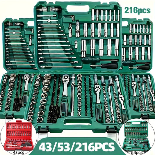 43/53/216pcs Professional Automotive Master Tool Set - High-quality Tool Set For Car, Bicycle And Motorcycle Maintenance - Compact, Portable And Versatile Solution, With Ratchet Wrenches And Various Screwdriver Sets, No Batte