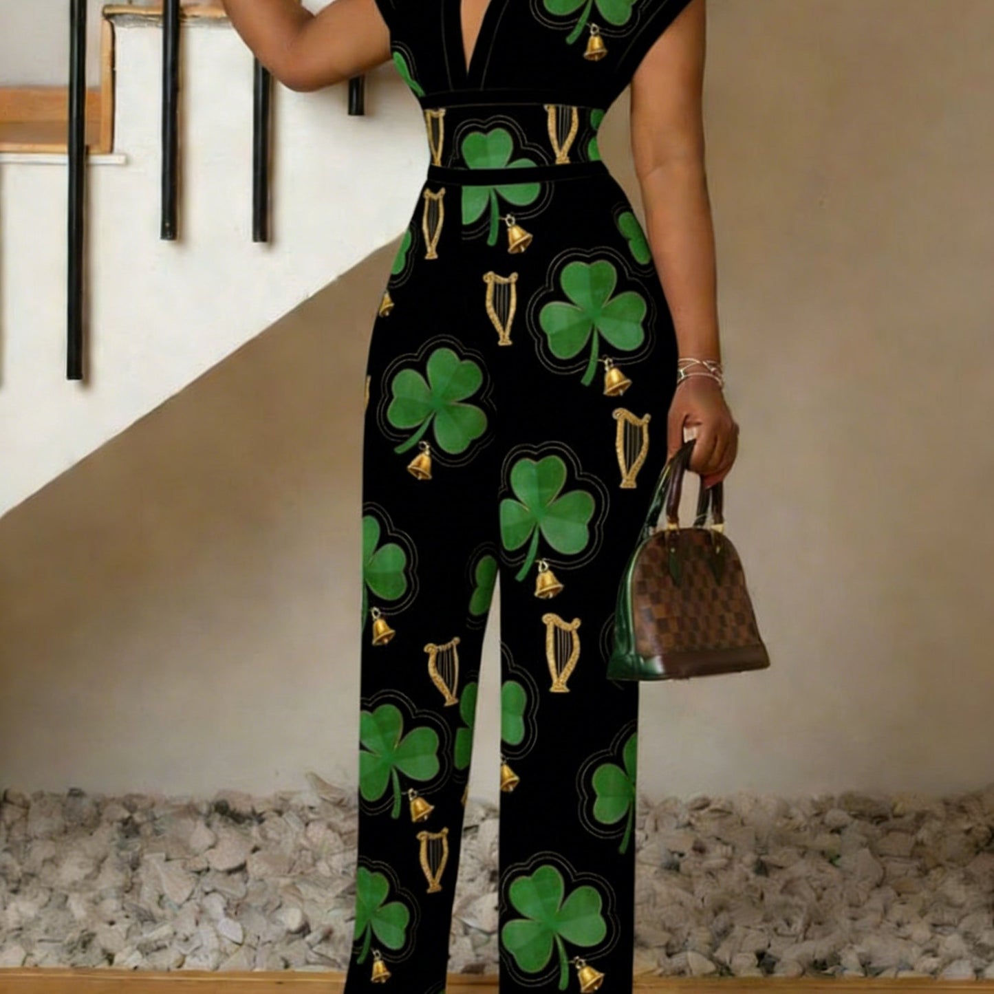 St. Patrick's Day Printed Women's Elegant Jumpsuit, Plant Leaf Pattern V-neck Jumpsuit, Women's Gift, Summer Casual Wear, Fashionable Outdoor S Women's Short Sleeved Jumpsuit, Gradient Slim Fit Jumpsuit, Machine Washable, Sof