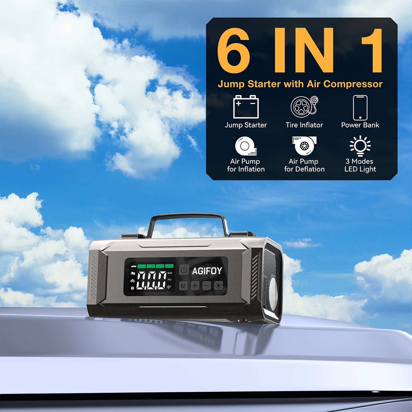 Car Jump Starter with Air Compressor, 6-in-1 2500A Car Battery Charger Power Jumper Starter Pack(All Gas/2.11gal Diesel), 150PSI Tire Inflator, Air Pump for Inflation/Deflation, LED Emergency Light, Jump Starter Battery Pack