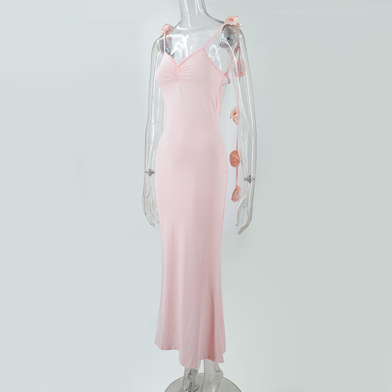 Women's Elegant Backless Evening Gown with 3D Flower Strap - Long Formal Wedding Dress, Prom Dress, Party Dress - Solid Color Round Neck All-Season Hand Washable Dress for Special Occasions