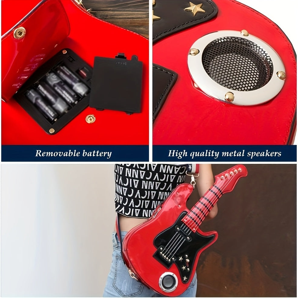 Electric Guitar Shaped Fashionable PU Crossbody Bag for Women, Solid Color, Detachable Shoulder Strap, USB Speaker, Zipper Closure, Polyester Lining, Edge Paint, Hip Hop Style, Detachable Strap, Electric Guitar Bag