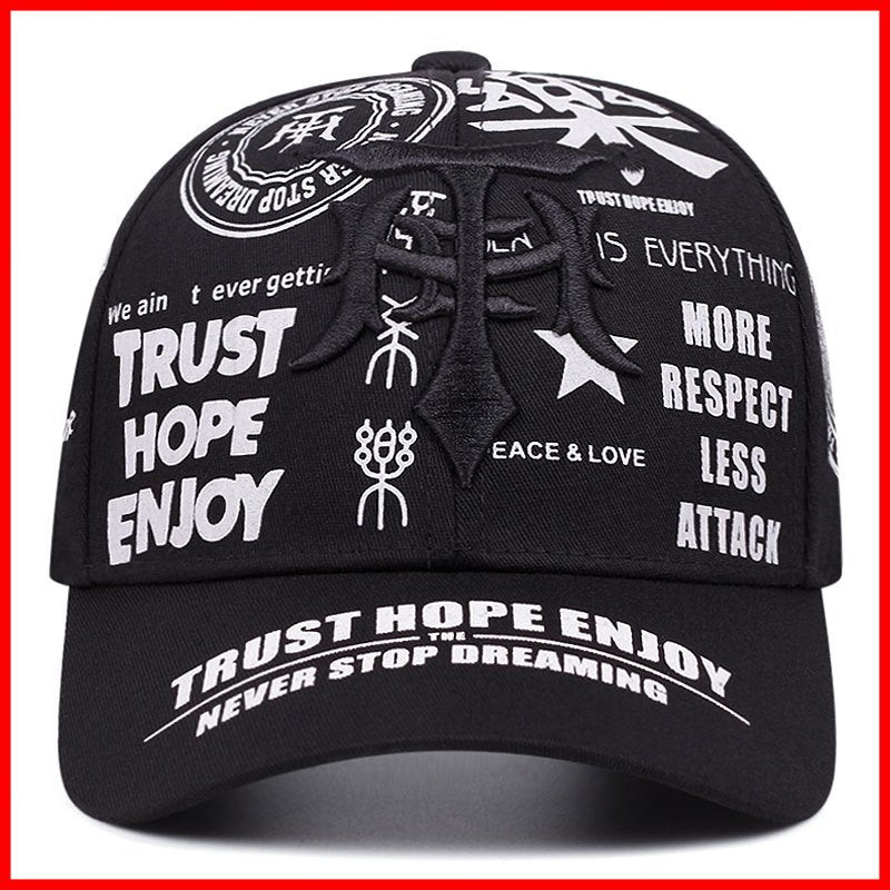 2pcs Baseball Cap & Mask Set - "Trust Hope Enjoy" Inspirational Print, Black with White Text, Adjustable Snapback, Breathable Mesh Back, Perfect for Sports & Casual Wear, Casual Headwear | Trendy Baseball Cap | Comfortable Fi
