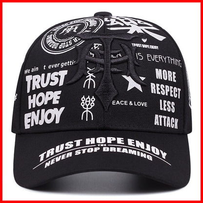 2pcs Baseball Cap & Mask Set - "Trust Hope Enjoy" Inspirational Print, Black with White Text, Adjustable Snapback, Breathable Mesh Back, Perfect for Sports & Casual Wear, Casual Headwear | Trendy Baseball Cap | Comfortable Fi