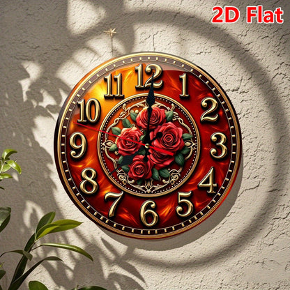 10 Inch Golden Rose Medallion Silent Wall Clock - Golden & Burgundy Roman Numeral Round Clock with Red Hands, Large Black Center, Battery Operated Wood Frame - Easy-Read Seconds Display for, Office, Cafe, Bedroom - Elegant Ti