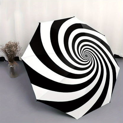 Automatic Folding Umbrella with Black & White Spiral Design - 8-Rib Automatic Open/Close, Portable Collapsible Compact Umbrella with Ergonomic Handle & Windproof Canopy for All-Season Use, Casual Outdoor Travel, Christmas/Bir