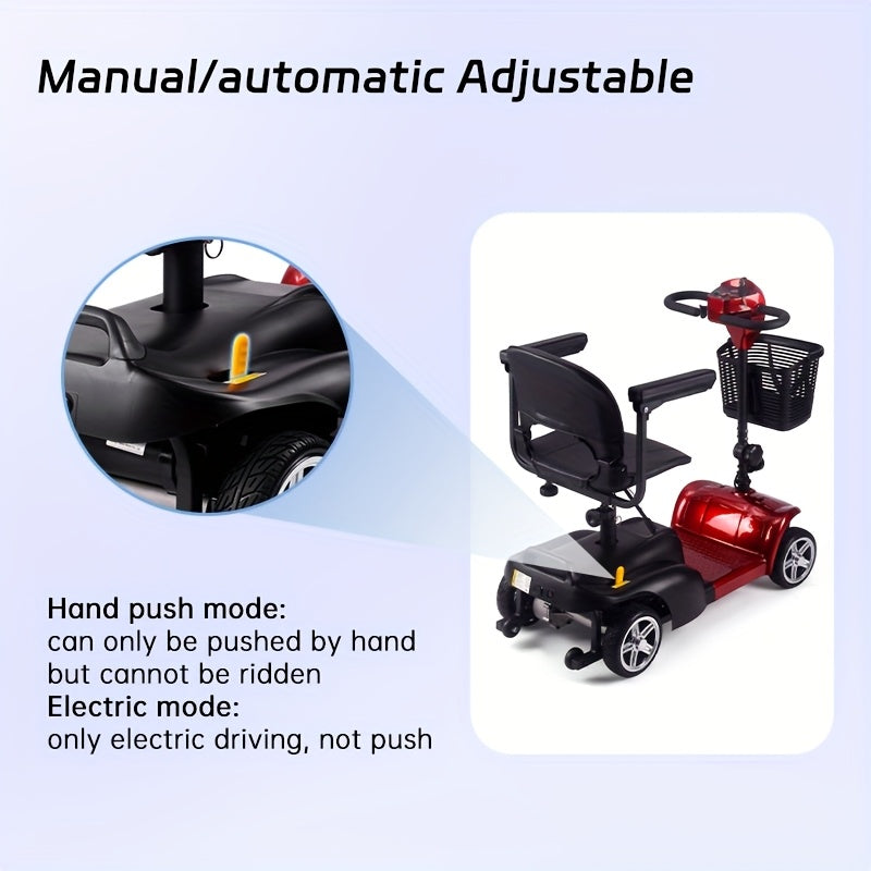 Mobility Aids for The, Four-wheel Foldable Mobility Scooters for Adults, 250w 12V, 12ah 15 Mile Long Range, with LED Headlights And A Detachable Storage Basket. Comes with A Tool Kit, Charger, And Instruction Manual.