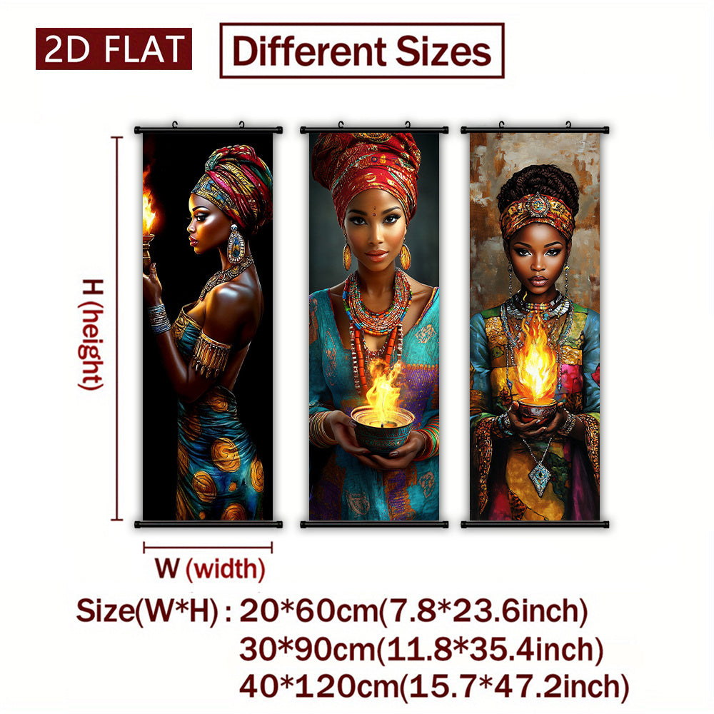 2D/ FLAT-3pcs African flame women wall murals, African women holding flame containers and wearing exquisite jewelry, high-definition high-quality printing, ink artwork poster, suitable for living room, bedroom, office decorat