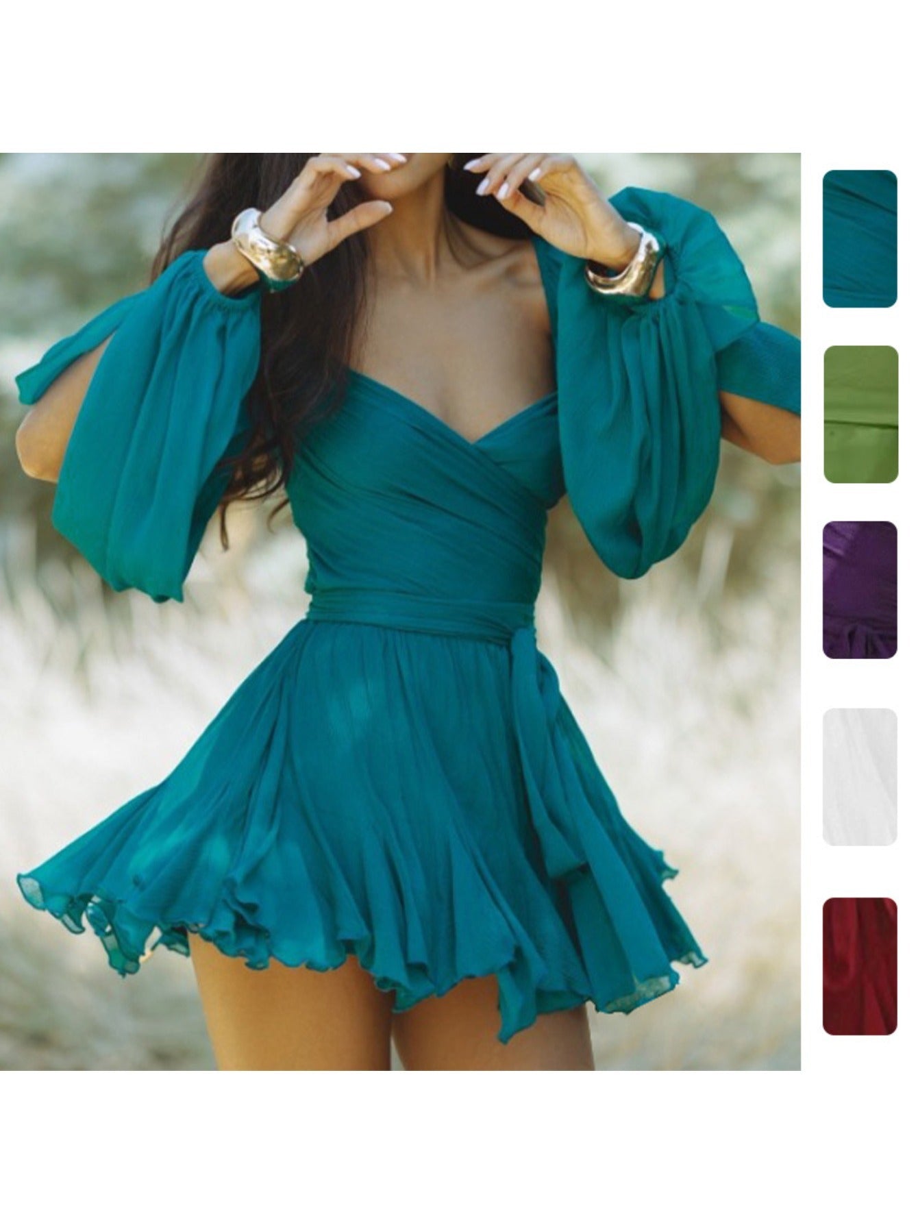 2026 New Spring Summer Women's Dress - V-Neck Solid Pleated Elegant Style, Sexy Chic Long Sleeve Gown, Versatile for Everyday Outfits