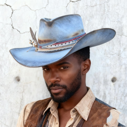 Sky Blue Solid Wool Felt Western Cowboy Hat with Feather Trim - Wide Brim Unisex for all-Occasion Hat Suitable for Men & Women, Western Events, Rodeo, Christmas Gift - Durable Fiber Cowboy Hat