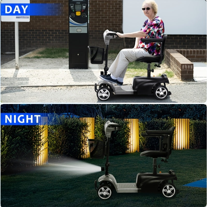 A Four-wheeled Foldable Electric Mobility Scooter For Seniors, It Has A 250W Motor, 24V Power System, 15-mile Range, Front LED Lights, Detachable Basket, Rotatable Seat, And Folds For Car Storage, The Perfect Choice For Daily