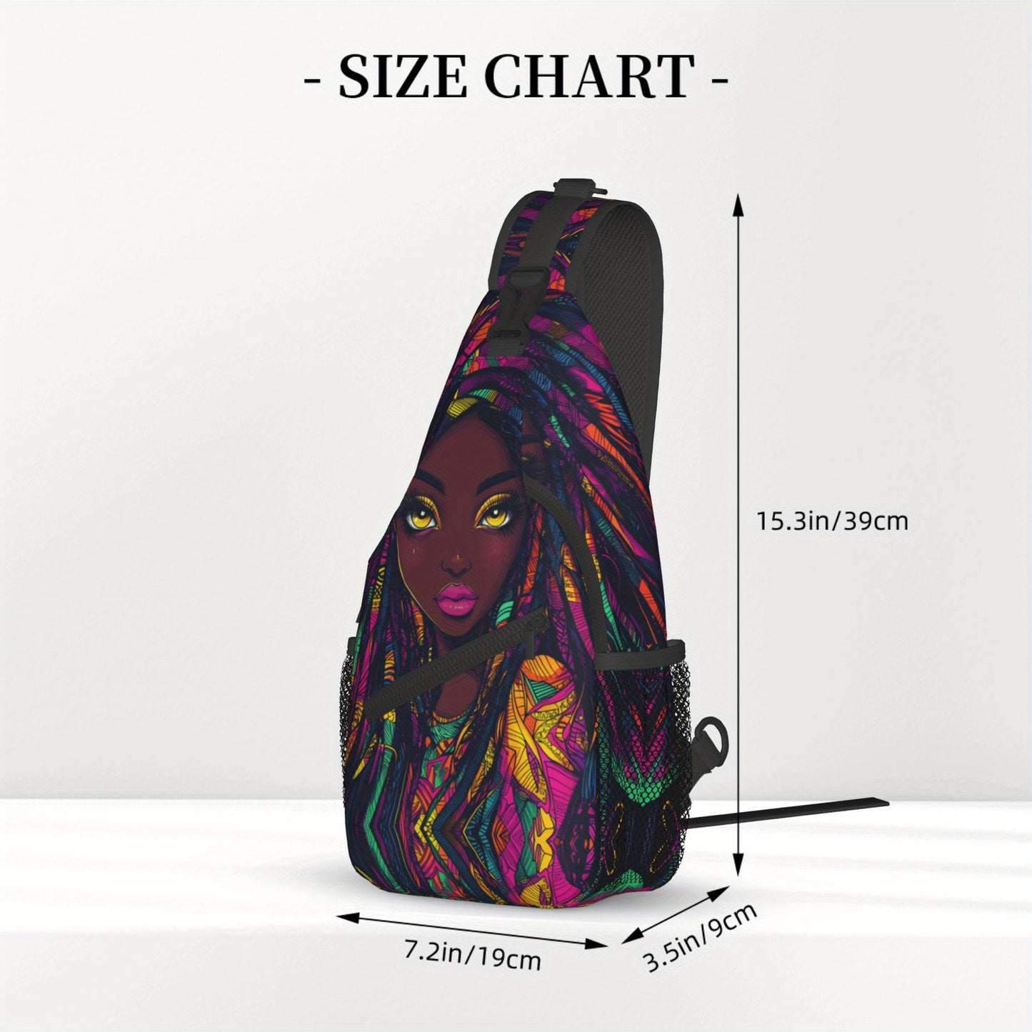 Women's African Print Crossbody Bag - Large Capacity Chest Bag with Zipper Closure, Bold African Woman Portrait in Purple, Blue, Yellow, Green, Red - Durable Gym, Travel, Everyday Bag for Women - Easy-Care Hand Washable Desig
