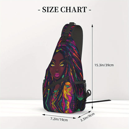Women's African Print Crossbody Bag - Large Capacity Chest Bag with Zipper Closure, Bold African Woman Portrait in Purple, Blue, Yellow, Green, Red - Durable Gym, Travel, Everyday Bag for Women - Easy-Care Hand Washable Desig