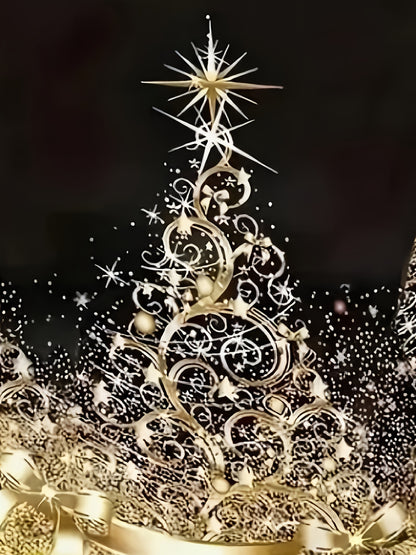 Women's Plus Size Elegant Black & Golden Christmas Tree Print T-Shirt - Sparkling Golden Sequin-like Long Sleeve Blouse, Soft Stretchy Round Neck Top for Holiday Party Outfits, New Year's Eve, Prom & Casual Wear (Machine Wash