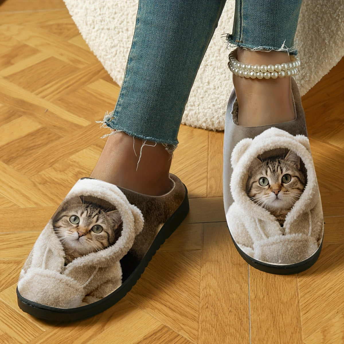 Cozy Cat Print Slip-On Slippers - Soft Fabric, Non-Slip TPR Sole, All-Season Comfort, DIY Print Design, Winter Warmth, Casual Style, Hand Washable, Allseason Slippers|Cozy Slipon Shoes|Fabric Upper Slippers