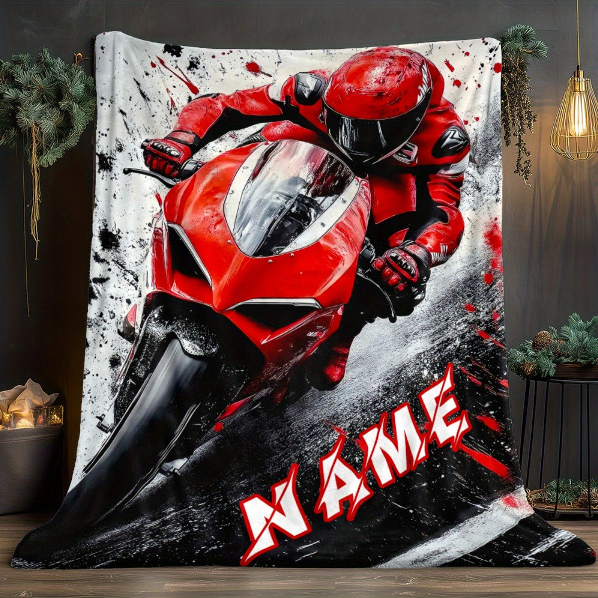 Custom Name Cool Red Motorcycle Blanket-Lightweight Home Furnishings Bedding Blanket Suitable for Sofas Beds Travel Camping Living Rooms Offices Sofas Chairs and Beds-Soft and Warm Fabric Digital Printed Blanket