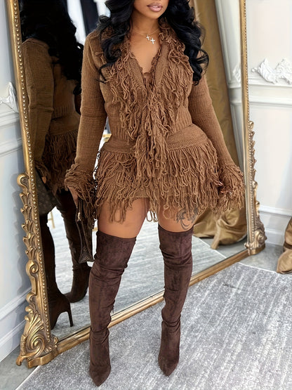 Set of Long-Sleeve Bodycon Dress with And Crocheted Tassels for Fall And Winter