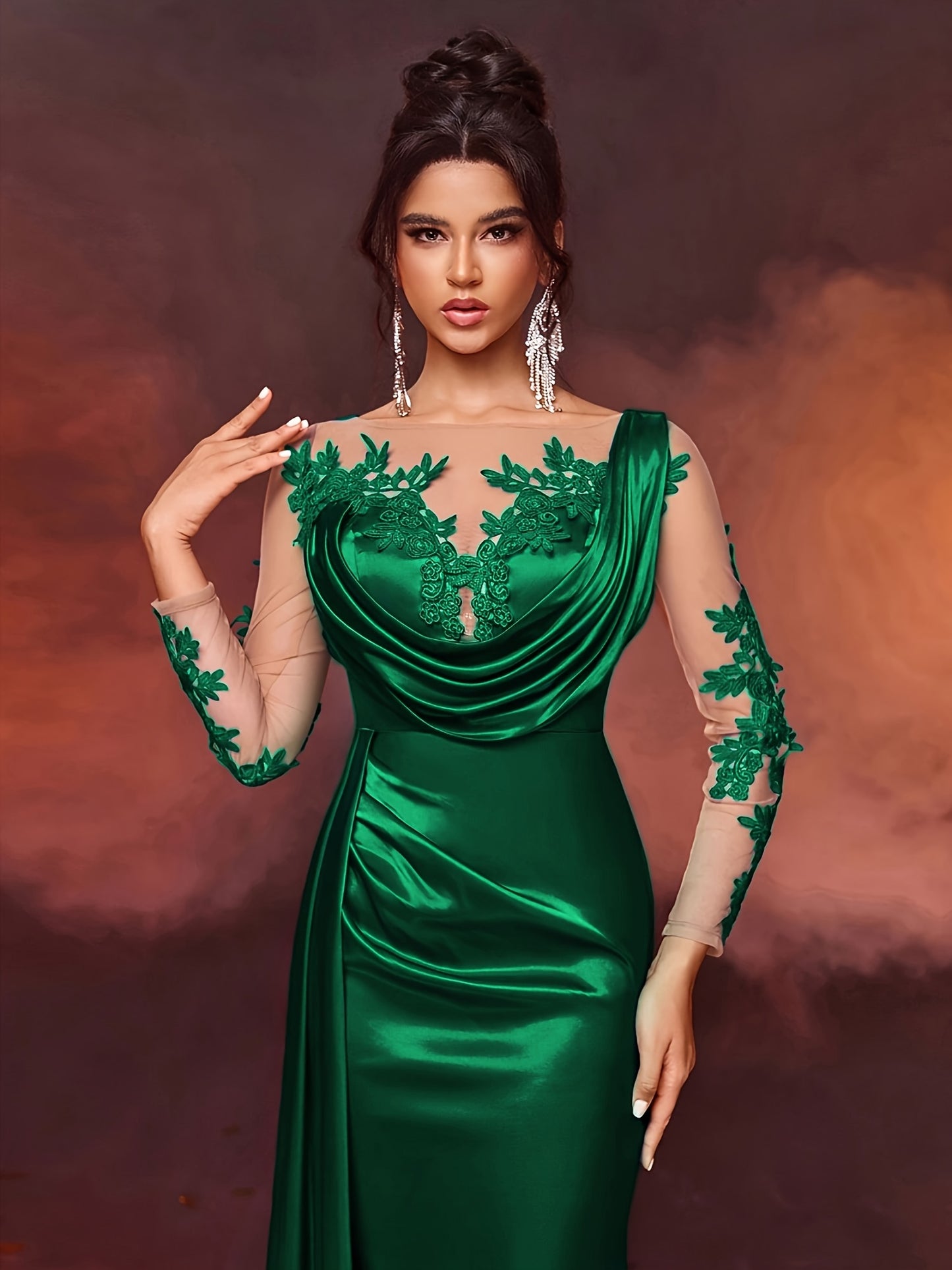 Elegant Long Ladies' Gown with Lace Detail | Solid Color, Contrast Mesh, Long Sleeve, Gown Hem, Ideal for Christmas, Birthday, Graduation, Travel