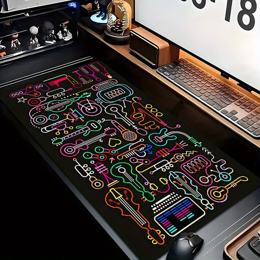 1pc Neon Music-Themed Mouse Pad with Guitar, Headphones & DJ Design - Non-Slip Rubber Base, Smooth Surface for Gaming & Office Use, Vibrant Colors, Perfect for Musicians & Gamers, Music Mouse Pad