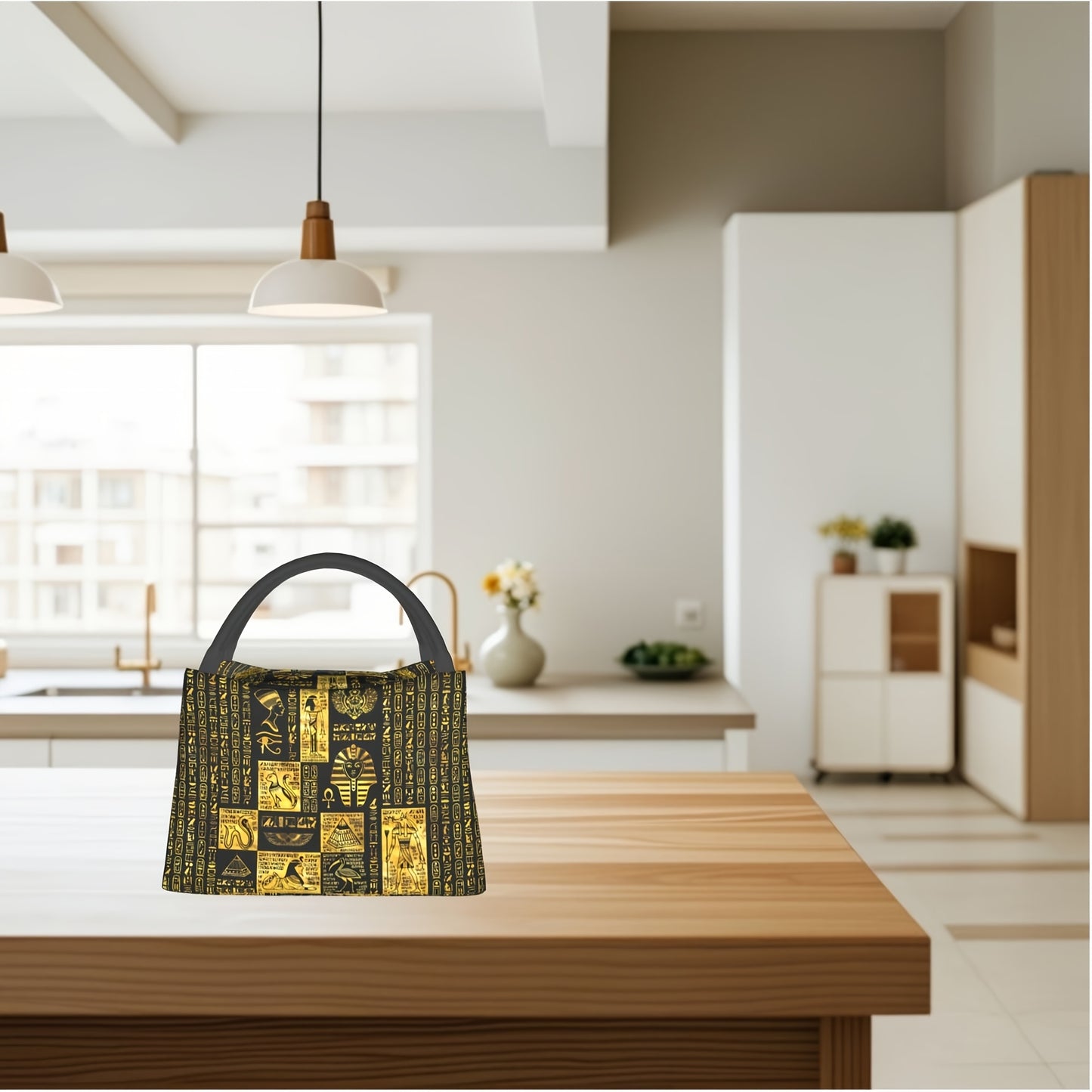 1pc Egyptian-Themed Insulated Lunch Bag – Portable & Reusable Cooler Tote with Hieroglyphic Patterns, Black Handles, Perfect for Home, Office, Outdoor Use, and Gifts for Friends, Teens, and Family, Lunch Bag Insulated