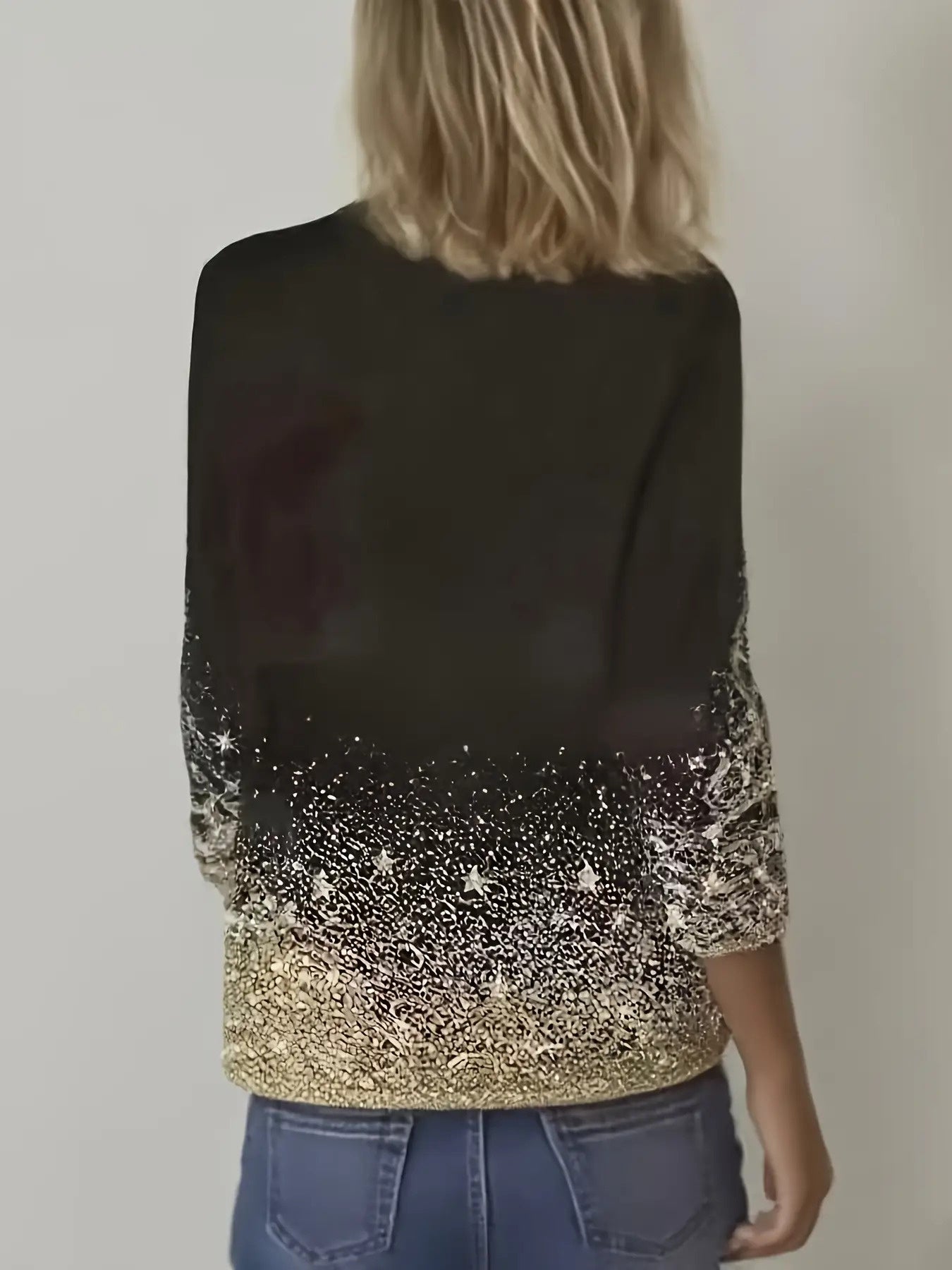 Women's Plus Size Elegant Black & Golden Christmas Tree Print T-Shirt - Sparkling Golden Sequin-like Long Sleeve Blouse, Soft Stretchy Round Neck Top for Holiday Party Outfits, New Year's Eve, Prom & Casual Wear (Machine Wash