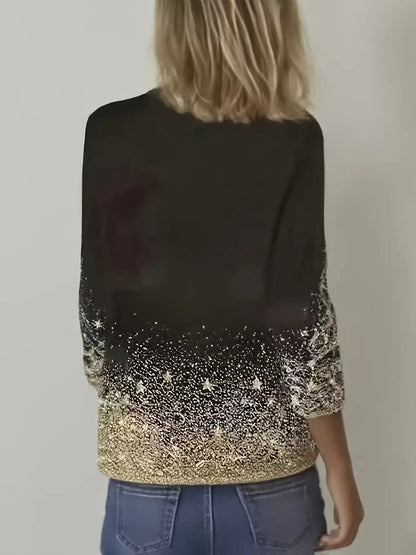 Women's Plus Size Elegant Black & Golden Christmas Tree Print T-Shirt - Sparkling Golden Sequin-like Long Sleeve Blouse, Soft Stretchy Round Neck Top for Holiday Party Outfits, New Year's Eve, Prom & Casual Wear (Machine Wash