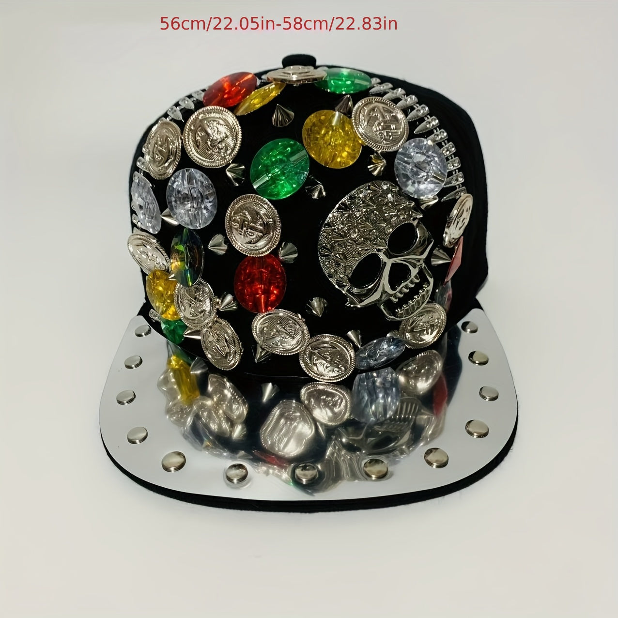 Handcrafted Rivet Studded Fashion Baseball Cap - Lightweight Polyester, Casual Street Style with Colorful Gemstones and Skull Motif for Dance and Performance