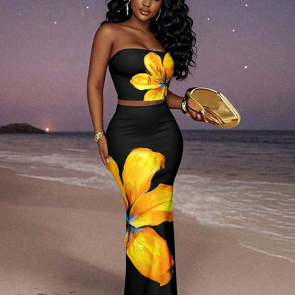 Sexy Leopard Print& Floral Pattern Halter Crop Top And Mermaid Skirt 2pcs Set, Casual& Sexy Style, Suitable for Summer Vacation