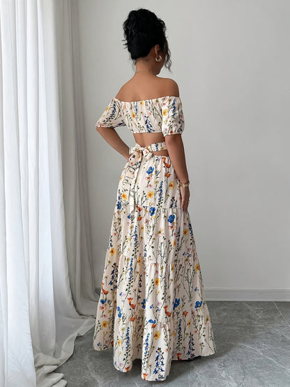 French Romantic Style One-Shoulder Bubble Sleeve Flower Dress Low Back Design Trendy Vacation Maxi Skirt