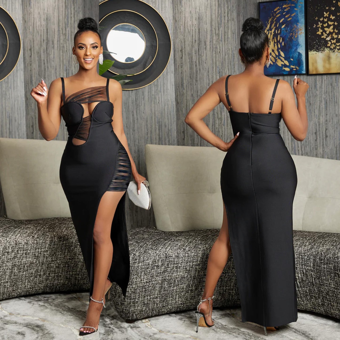 LUCKFOX Women's Solid Color Mesh Dress, Hollow Bandage Design, Slim Dress, Elegant and Sexy Dinner Party Style