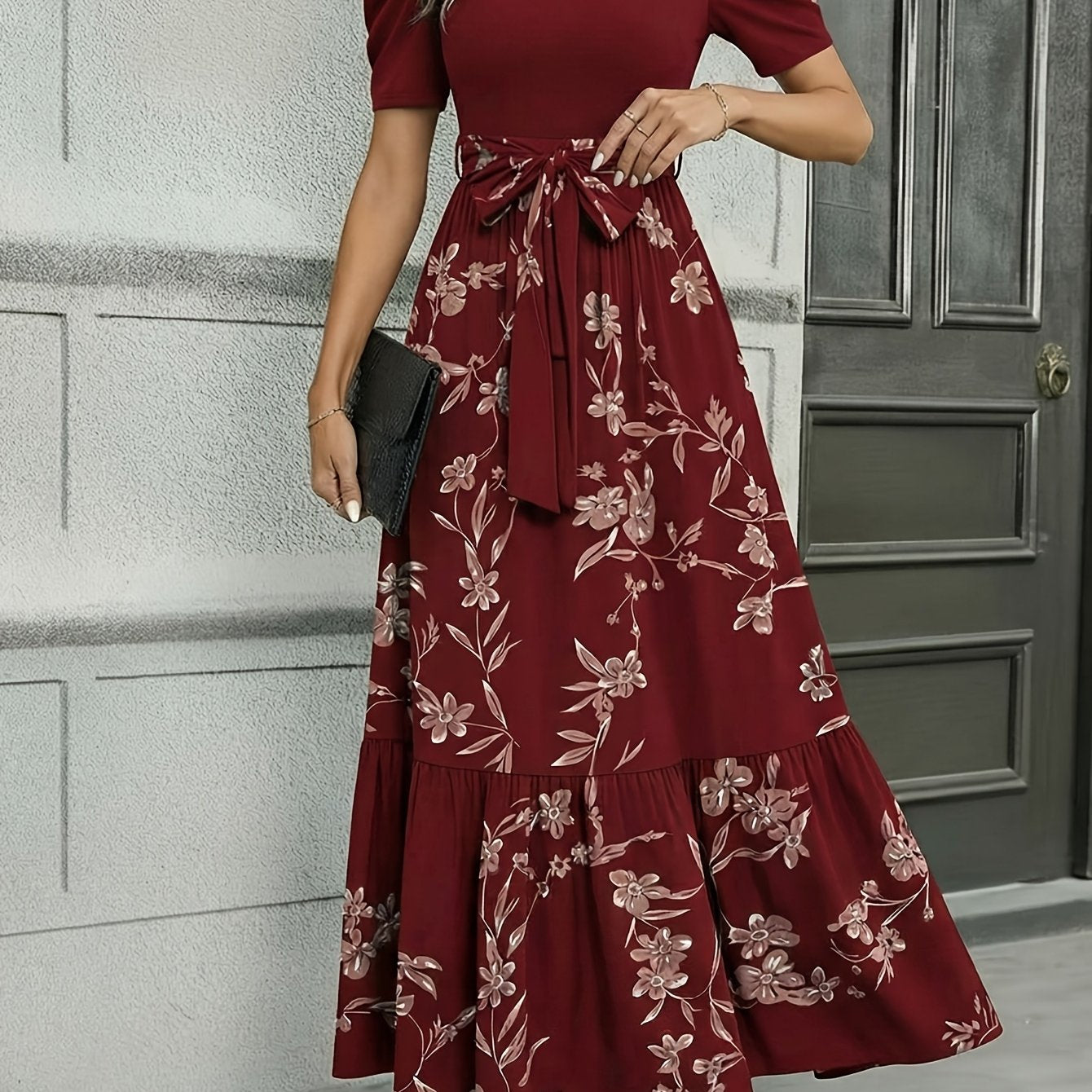 Women'S Floral Cinched-Waist Casual Long Dress, Suitable for Light Business Gatherings | Weekend Afternoon Tea And Similar Occasions, Elegant And Refined.