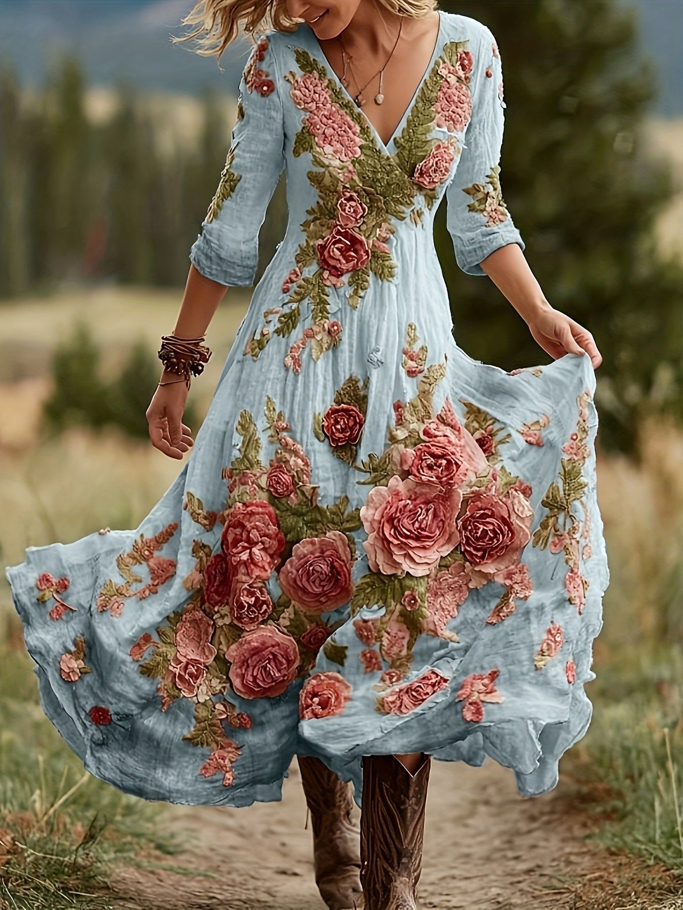 Women's Bohemian A-Line Dress with V-Neck & Cross Back Straps - Short Front Slit & Flowing Floor-Length Skirt, Wedding Guest Gown for Spring Summer Fall Parties, Short Front Long Back Dress (No Underbelly)